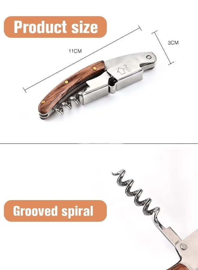 Wine Opener, with Leather Pouch, Wood Handle Double-Hinged Stainless, Steel Screw Beer Bottle Corkscrew - Image 3